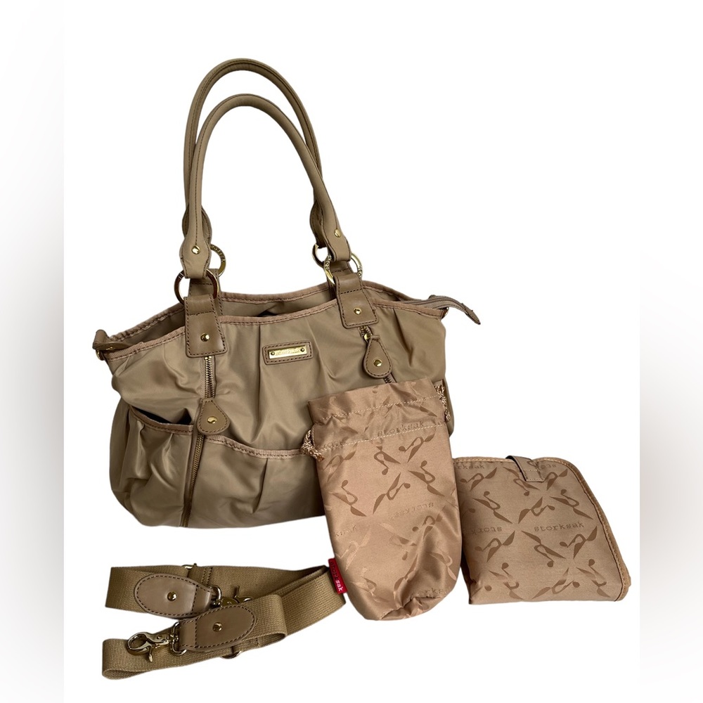 Storksak Olivia Nylon Diaper Bag Champagne Shoulder Strap Changing Pad Bottle